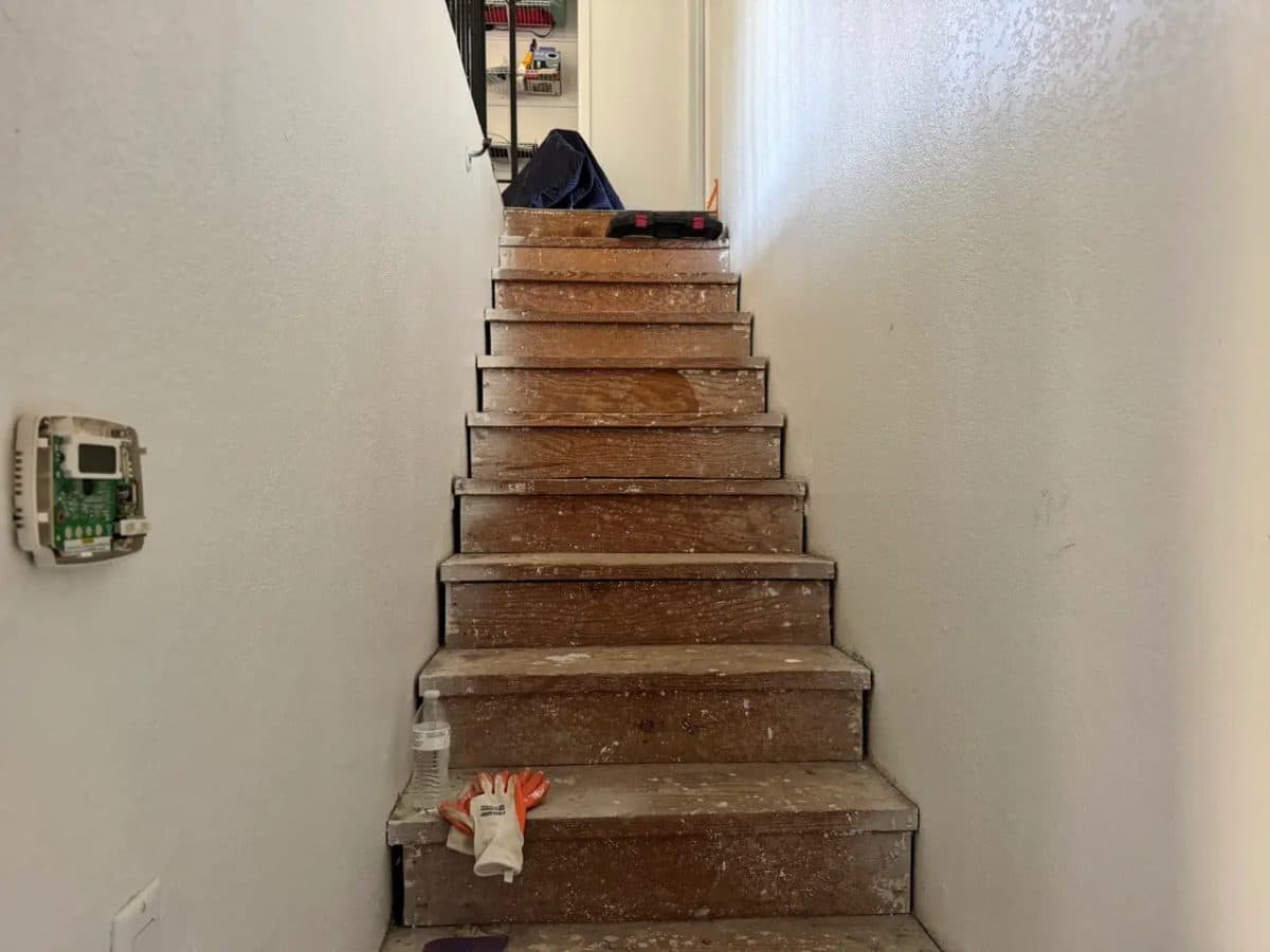 LVP stair installation with nosings, 13 steps, Carmichael, CA, before